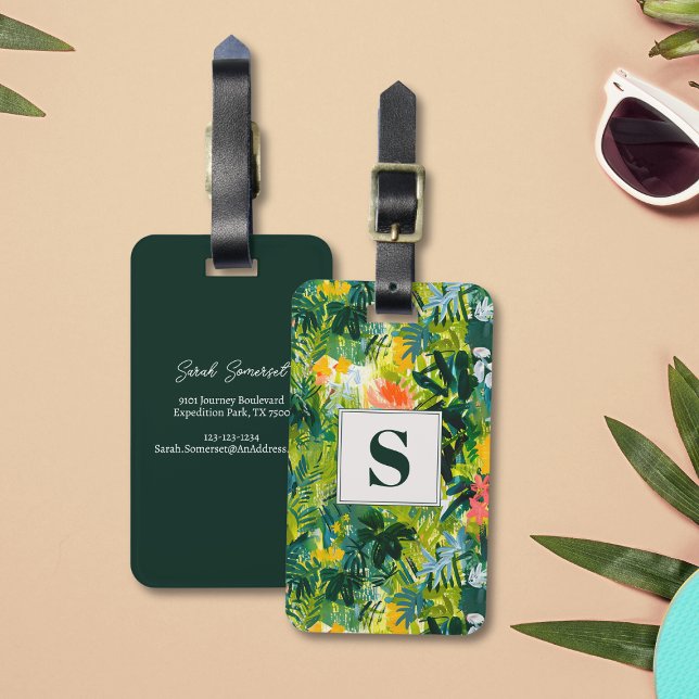 Etiqueta Para Maletas Resumen verde tropical monogramado botánico (Monogrammed abstract floral luggage tag)