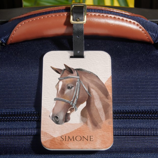Etiqueta Para Maletas Retrato de caballo marrón nombre personalizado ecu (Anverso In situ 2)