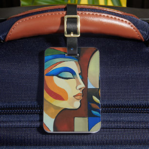 Etiqueta Para Maletas Retrato de mujer cubista abstracto colorido Acríli