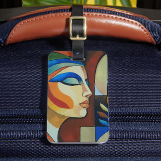 Etiqueta Para Maletas Retrato de mujer cubista abstracto colorido Acríli