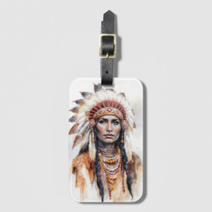 Etiqueta Para Maletas Retrato de una mujer norteamericana nativa acuarel