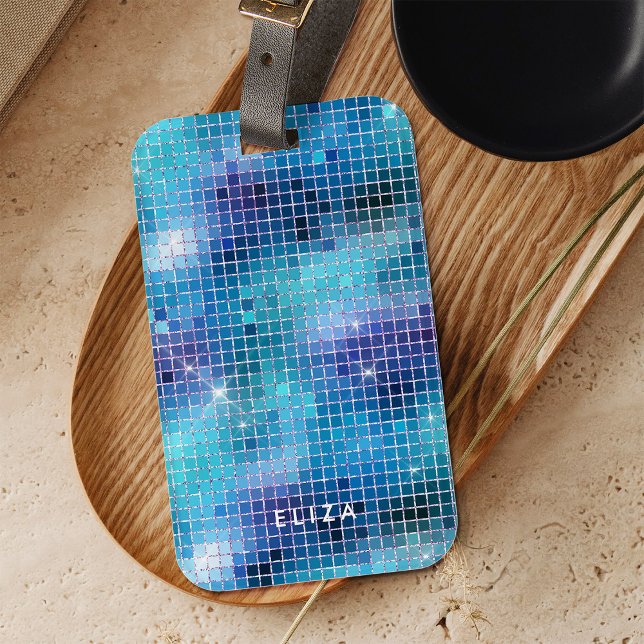 Etiqueta Para Maletas Retro Blue Disco Mirror | Monograma (A glam, blue and turquoise disco ball inspired luggage tag)