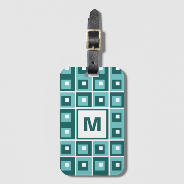 Etiqueta Para Maletas Retro Blue Geometric Squares Pattern Monogram (Anverso vertical)