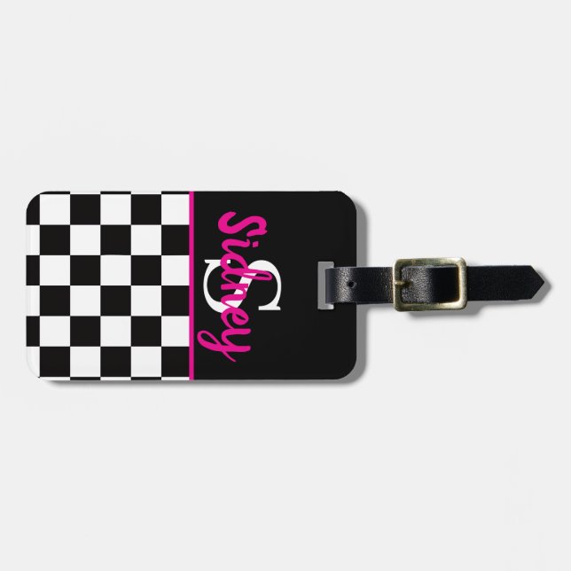 Etiqueta Para Maletas Retro Checkerboard Neon Pink Name Monogram (Frente Horizontal)