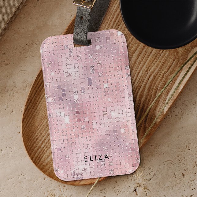 Etiqueta Para Maletas Retro Rubor Pink Disco Espejo | Monograma (A glam, blush pink disco ball inspired luggage tag)