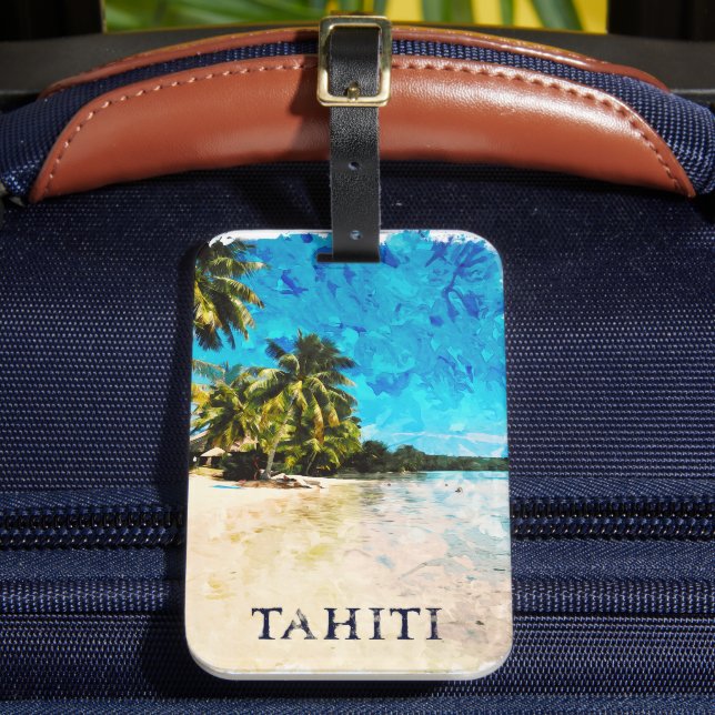 Etiqueta Para Maletas Retro Tahití Polinesia Francesa Playa de Viaje (Anverso In situ 2)