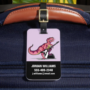 Etiqueta Para Maletas Rex Tyrannosaurus Tocando La Guitarra.