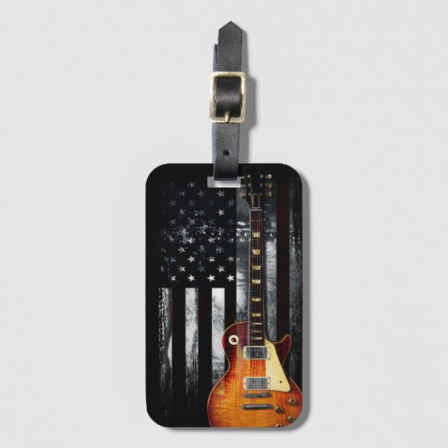 Etiqueta Para Maletas Rock Retro N Roll Bandera Estadounidense Guitarra (Anverso vertical)