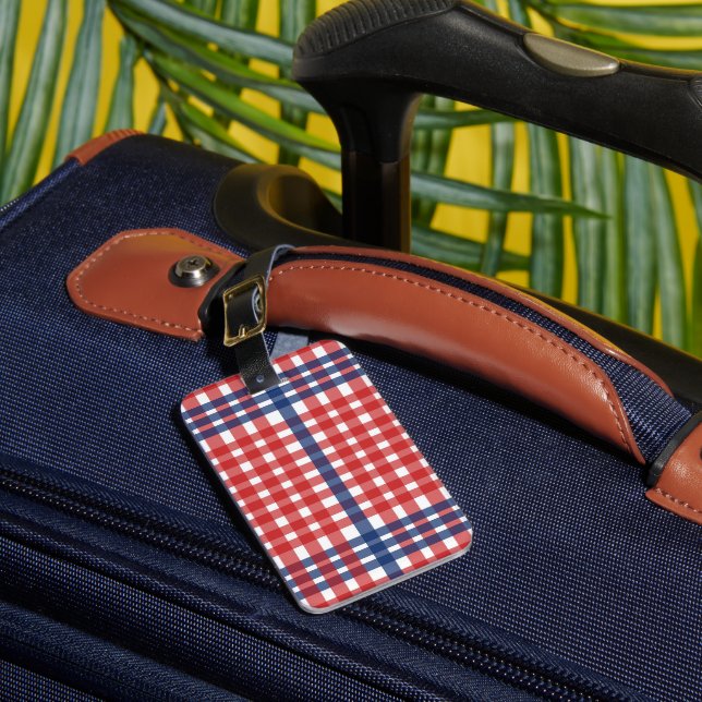 Etiqueta Para Maletas Rojo blanco y azul Gingham Plaid (Anverso In situ 1)