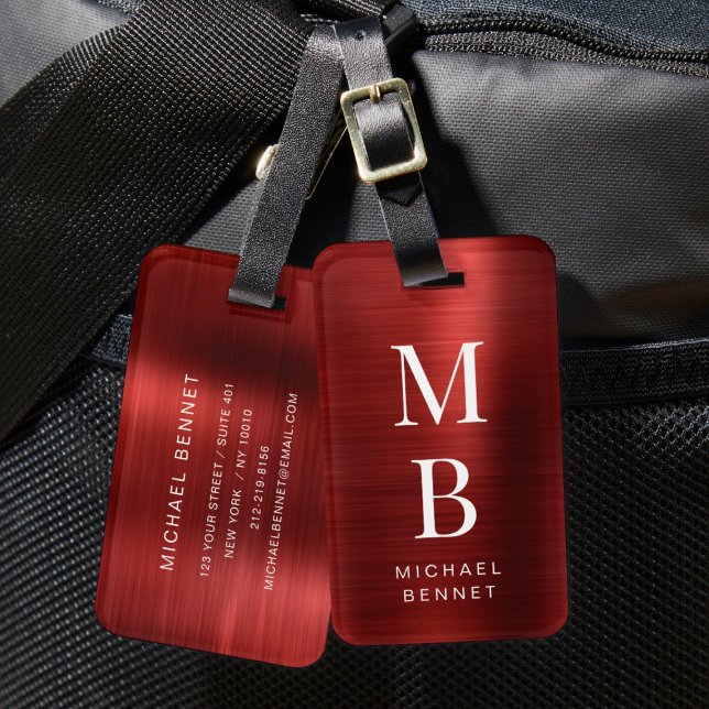 Etiqueta Para Maletas Rojo monogramado elegante (Elegant Monogrammed Red Luggage Tag)