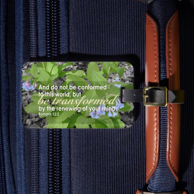 Etiqueta Para Maletas Romanos transformados 12:2 Floral bíblica cristian (Anverso In situ 4)