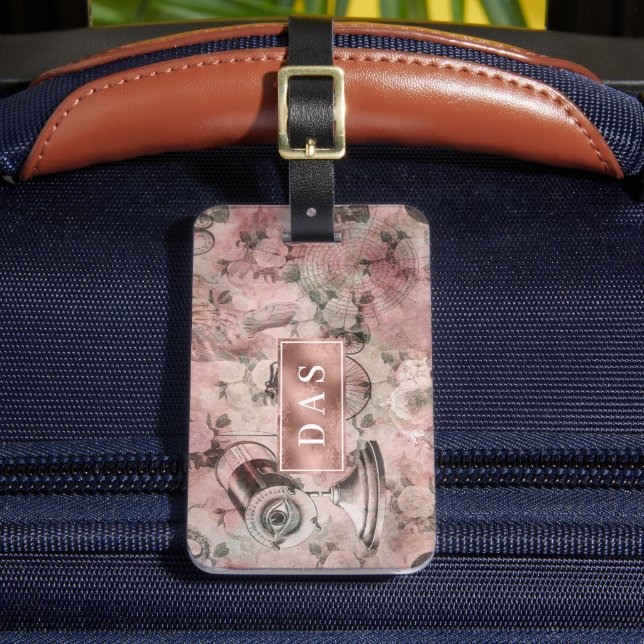 Etiqueta Para Maletas Romantic Steampunk | Monograma de efemera de época (Anverso In situ 2)