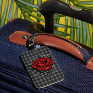 Etiqueta Para Maletas Rosa de grafiti rojo Cuadrillé negro gris Grunge