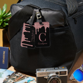 Etiqueta Para Maletas Rosa de moda Purpurina de oro gotea monograma sobr