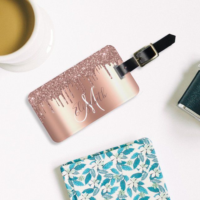 Etiqueta Para Maletas Rosa de Oro Purpurina Monograma Metalizado (Subido por el creador)