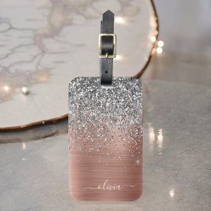 Etiqueta Para Maletas Rosa Dorado Metal Brillado Monograma Plateado Glit