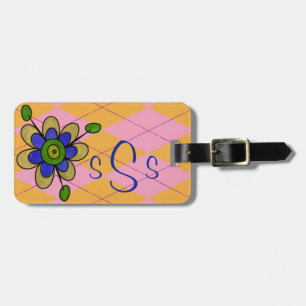 Etiqueta Para Maletas Rosa en colores pastel con monograma y naranja