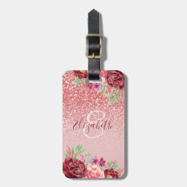 Etiqueta Para Maletas Rosa floral borgoñés Purpurina de oro personalizad