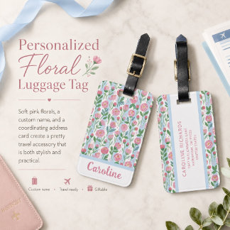 Etiqueta Para Maletas Rosa Floral Patrón Acuarela Personalizado