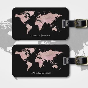 Etiqueta Para Maletas Rosa Gold Black Watercolor World Map Nombre person
