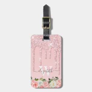 Etiqueta Para Maletas Rosa monogramado Purpurina oro gotea flores rosada