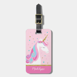 Etiqueta Para Maletas Rosa Purpurina de las estrellas de unicornio