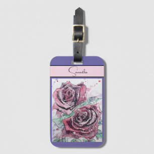 Etiqueta Para Maletas Rosa Roja Rosas Flor Acuarela Floral Arte Púrpura