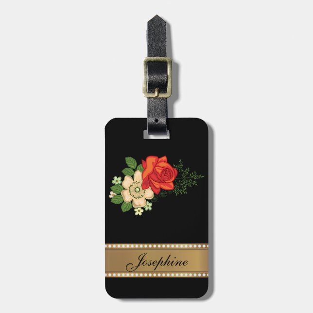 Etiqueta Para Maletas Rosa Roja y Margaritas Nombre Personalizado Dorado (Frente Vertical)