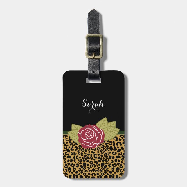 Etiqueta Para Maletas Rosa rojo y nombre de Brown del estampado leopardo (Frente Vertical)