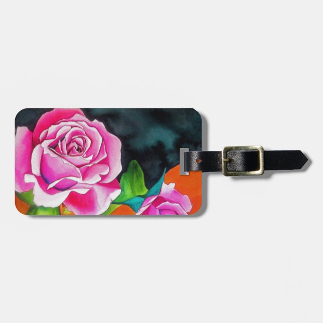 Etiqueta Para Maletas Rosa rosa con arte acuarela naranja (Frente Horizontal)