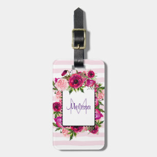Etiqueta Para Maletas Rosa rosa y amapola floral en franjas rosas