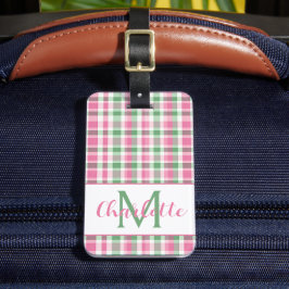Etiqueta Para Maletas Rosa y Verde Cuadros Monograma Elegante