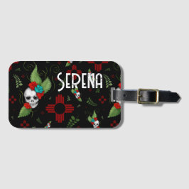 Etiqueta Para Maletas Rosas de cráneo Zia Sun Greenery Nuevo México Negr