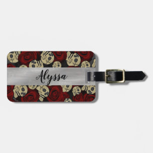Etiqueta Para Maletas Rosas Rojas & Calaveras Gris Negro Floral Gótico