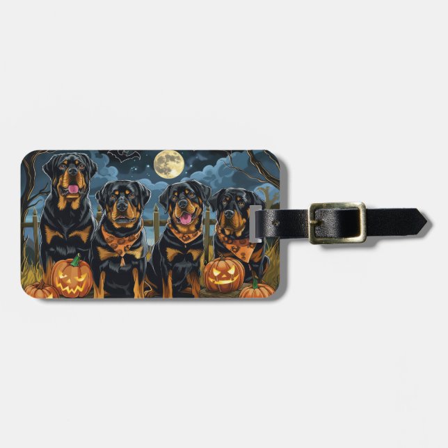 Etiqueta Para Maletas Rottweiler Halloween Espeluznante (Frente Horizontal)