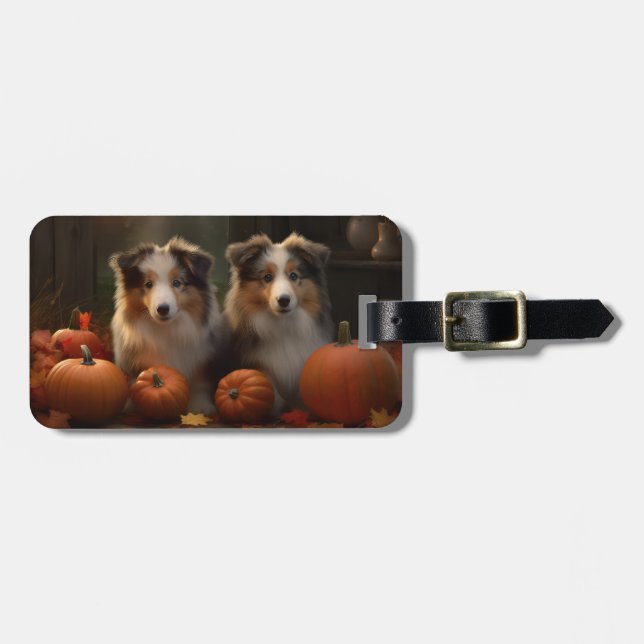 Etiqueta Para Maletas Rough Collie Puppy Calabaza deslumbrante otoño (Frente Horizontal)