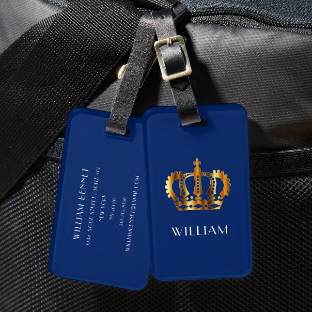 Etiqueta Para Maletas Royal Gold Crown Nombre personalizado Azul (Royal Gold Crown Customized Name Blue Luggage Tag)