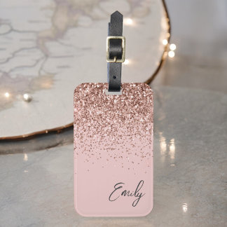 Etiqueta Para Maletas Rubor Rosa Dorado Femenino Monograma con Brillo
