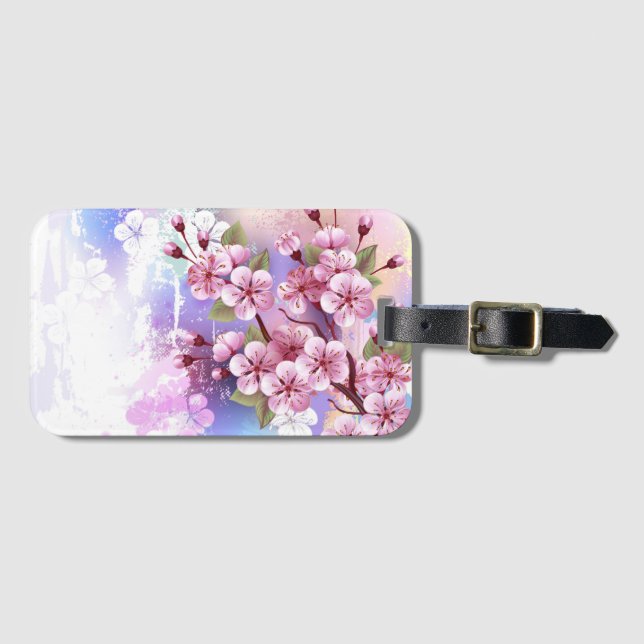 Etiqueta Para Maletas Sakura rosa sobre fondo de pintura (Anverso horizontal)