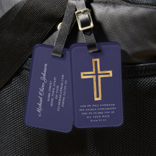 Etiqueta Para Maletas Salmo 91:11 Bienvenida Travesía azul Cruz religios