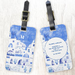 Etiqueta Para Maletas Santorini Monogram Watercolor Art<br><div class="desc">Pintura de acuarela azul y blanca de la ciudad de Oia, en la hermosa isla griega de Santorini, para hacer que tus bolsos de viaje destaquen a la multitud. Arte original de Nic Squirrell. Cambie el monograma inicial en la parte delantera y los detalles en la parte posterior para personalizarlo....</div>