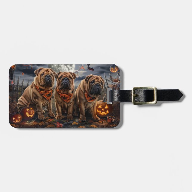 Etiqueta Para Maletas Shar Pei Halloween Spooky (Frente Horizontal)