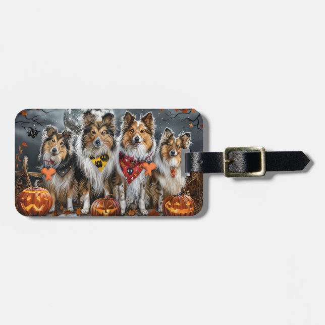 Etiqueta Para Maletas Shetland Sheepdog Halloween Spooky (Frente Horizontal)