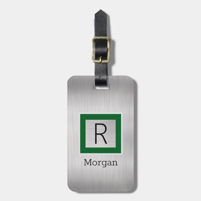 Etiqueta Para Maletas Silve Metal, Business, Name & Monogram, Green Box (Frente Vertical)