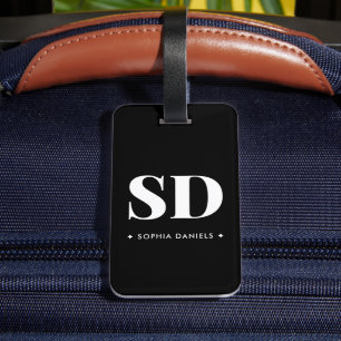 Etiqueta Para Maletas Simple 2 Monograma Retro Inicial Blanco Negro