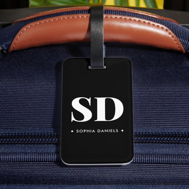 Etiqueta Para Maletas Simple 2 Monograma Retro Inicial Blanco Negro (Reverso In Situ)