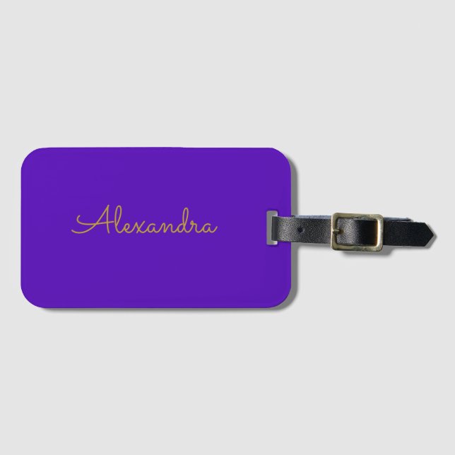 Etiqueta Para Maletas Simple Moderno Script Purple Oro (Anverso horizontal)