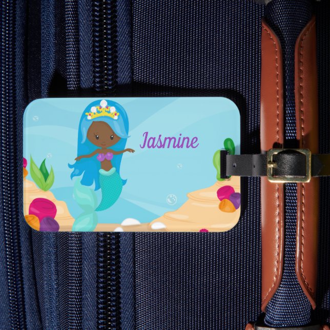 Etiqueta Para Maletas Sirena afroamericana, burlona Personalizado, hijos (Anverso In Situ 4)