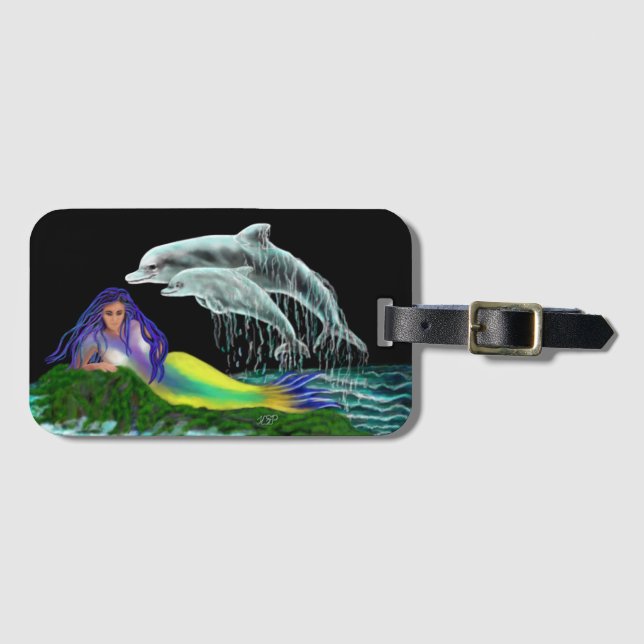 Etiqueta Para Maletas Sirena con delfines (Anverso horizontal)