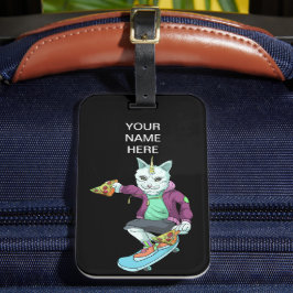 Etiqueta Para Maletas Skateboarding Cat Comer Pizza Patinar